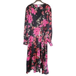 Sofia Vergara Dress Size L 12 - 14 Floral Faux Wrap Ruffle Midi Black Pink